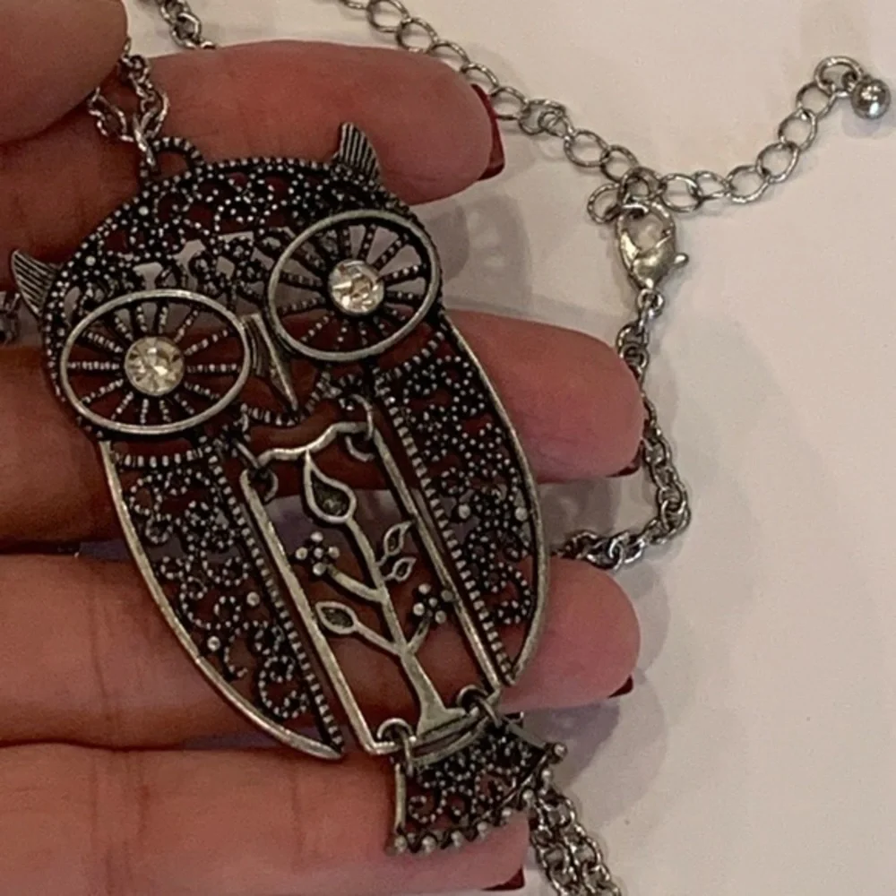 💐5/25 articulating owl long chain silver tone